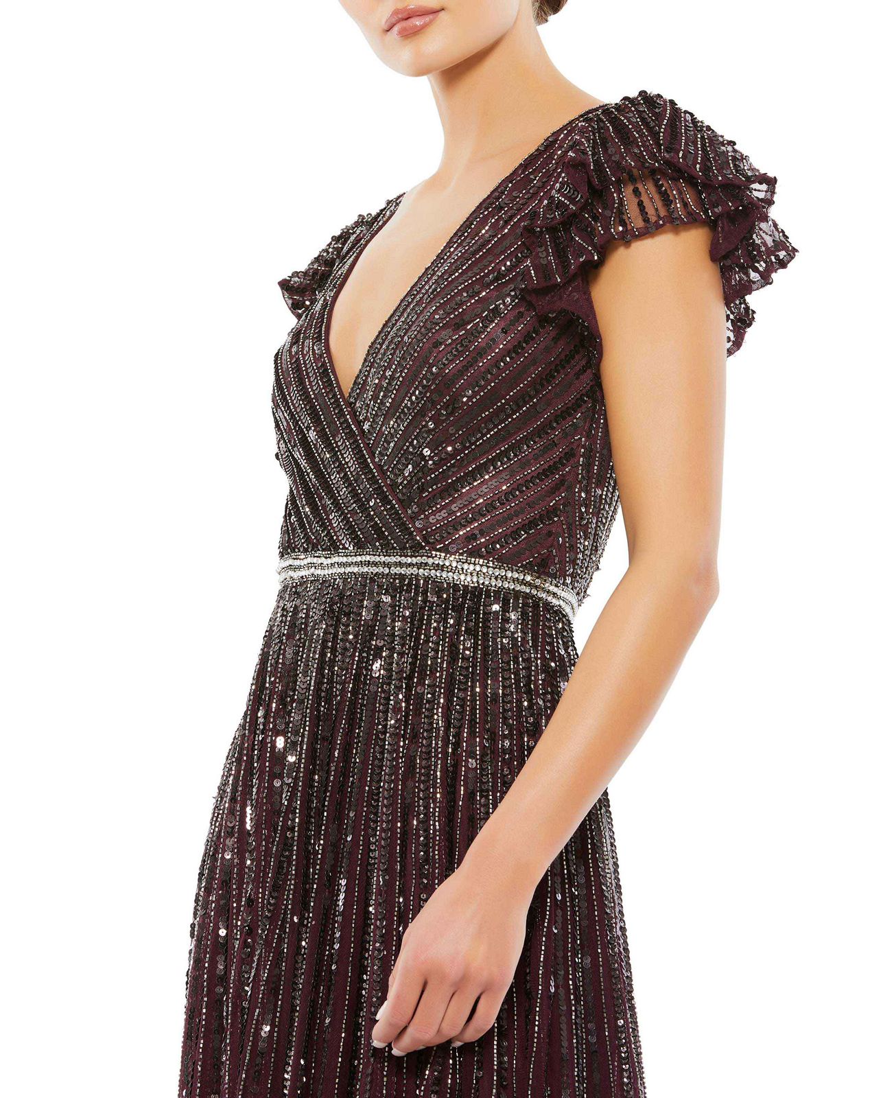 Sequined wrap over ruffled cap sleeved gown