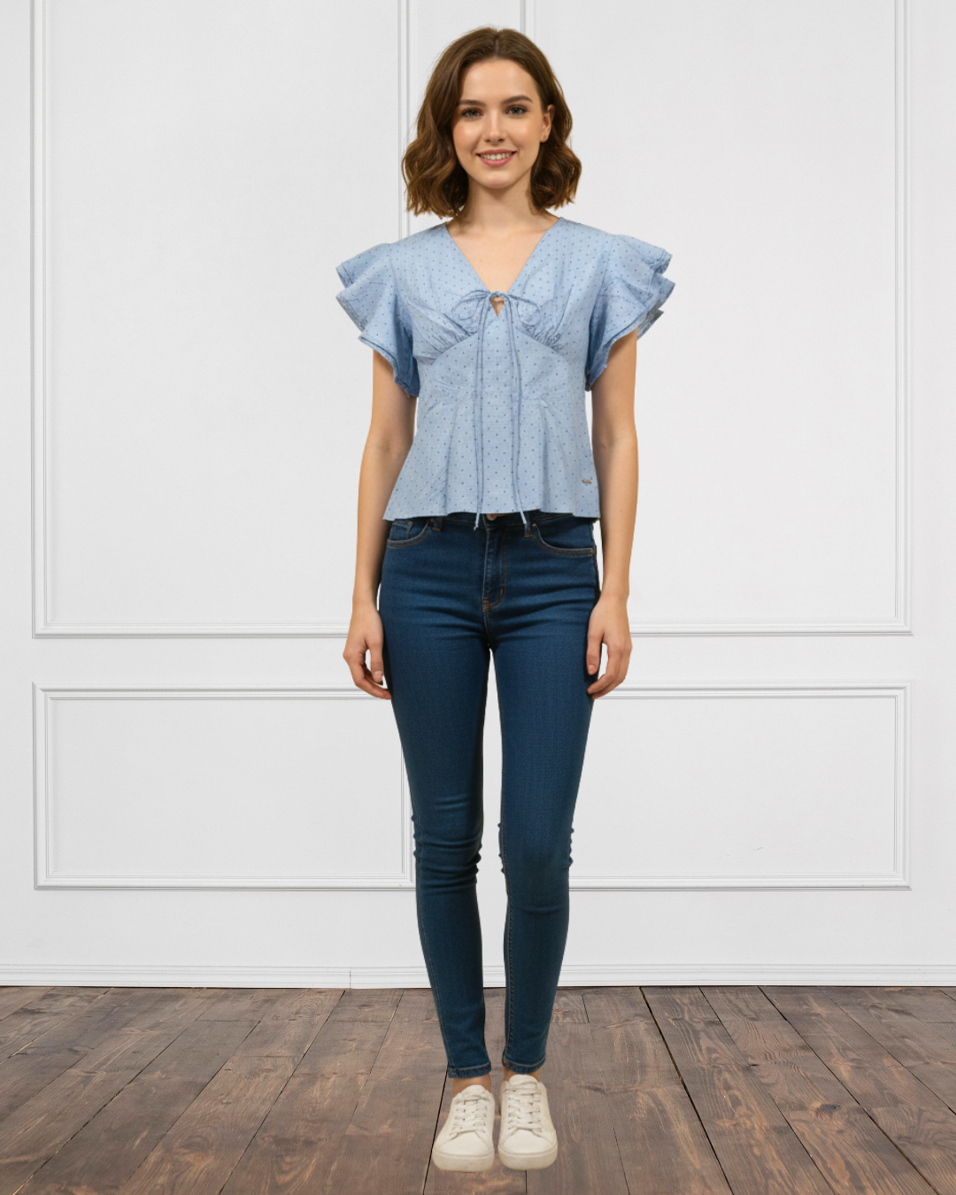 Sky Dottie Ruffle Sleeve Top